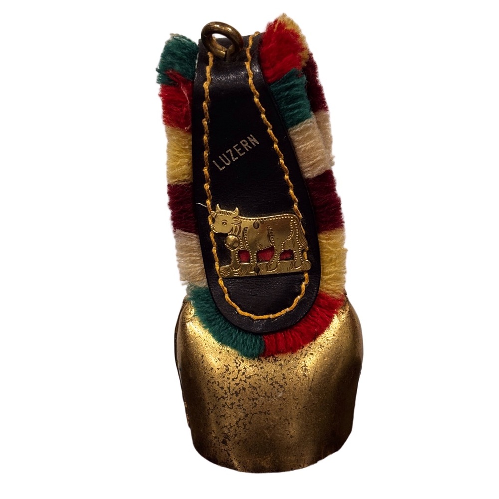 Decorative Souvenir BrassCowbell from Luzern, Switzerland fringed strap rustic